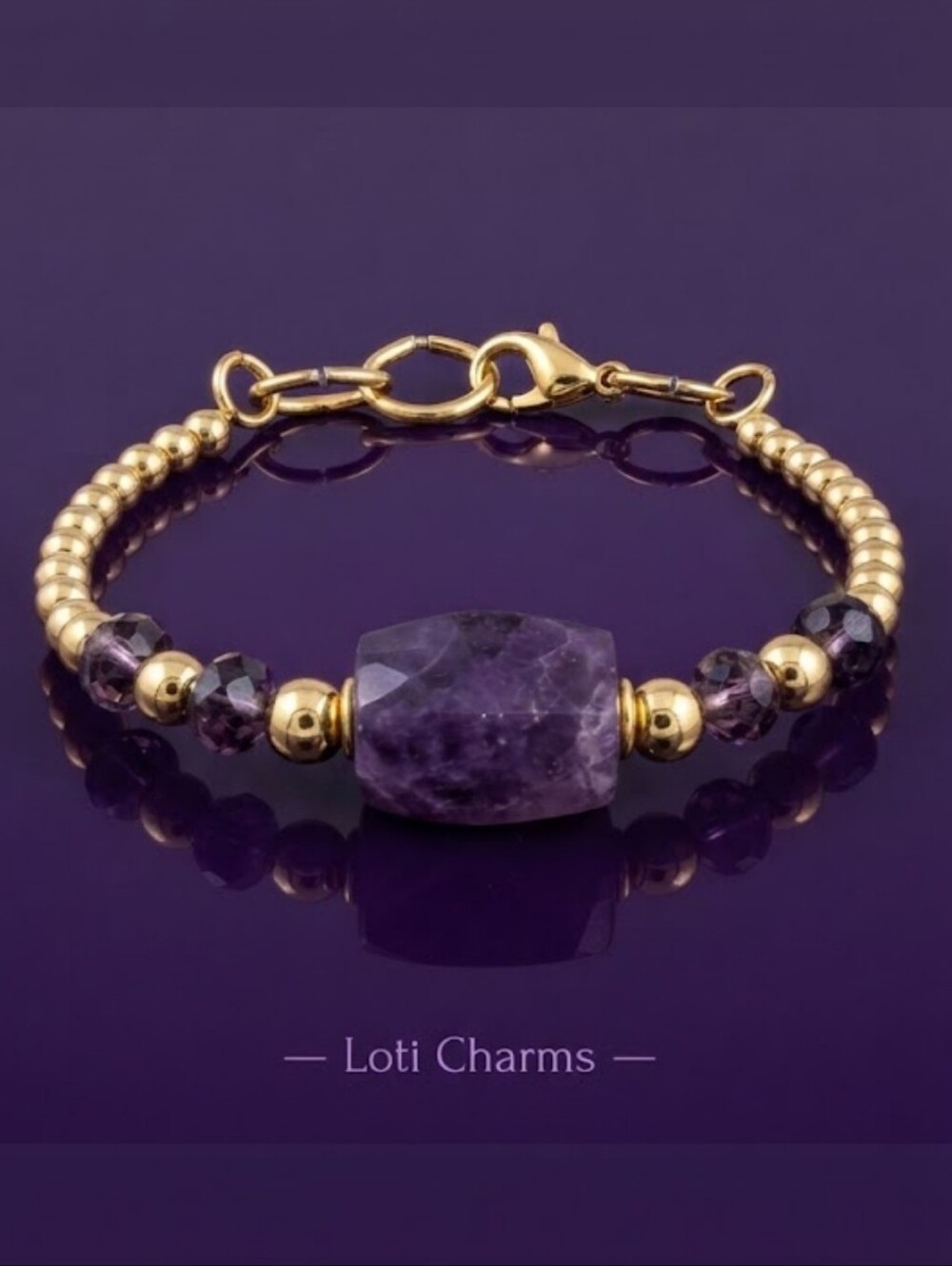 Natural Large Amethyst Nugget & Spacers In Artisan Handmade Gold Plated Bracelet